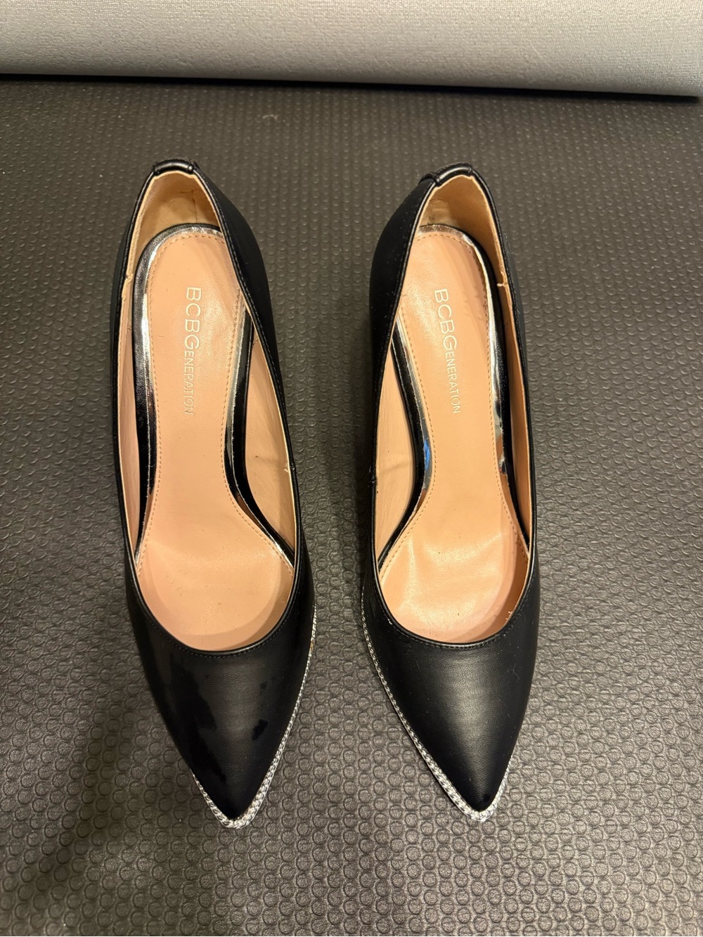 BCBGeneration Black Pointed Toe Pumps with Rhinestone Edge